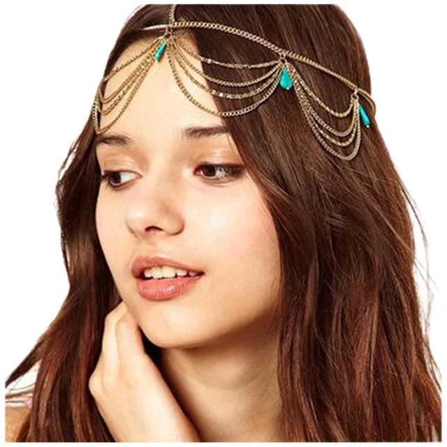 Main image of Yheakne Boho Turquoise Headband Gold Layered Tassel Head Chain Gypsy Hair Chain Festival Wedding Headpieces Decorative Headdress Hair Accessories for Women and Teen Girls Gifts