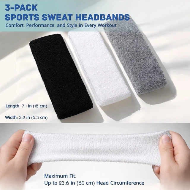 Alt view image 7 of 7 - 3 Pack Cotton Sports Sweat Headbands for Men and Women, Athletic Workout Hair Bands