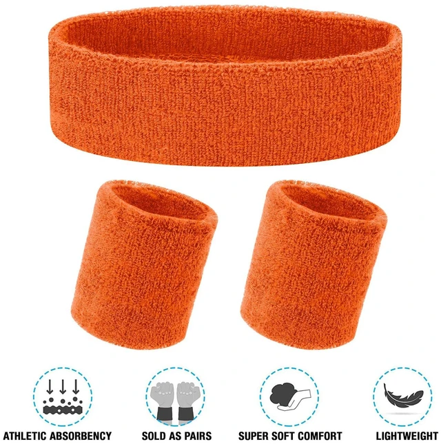 Alt view image 4 of 7 - Yolev 3Pieces Sweatband Set, Sports Headband and Wristbands, Set of 1 Headband and 2 Wristbands, for Athletic Men and Women, Black and Neon Green, One Size(Orange)