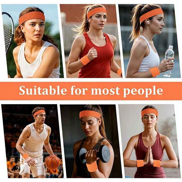 Alt view image 6 of 7 - Yolev 3Pieces Sweatband Set, Sports Headband and Wristbands, Set of 1 Headband and 2 Wristbands, for Athletic Men and Women, Black and Neon Green, One Size(Orange)