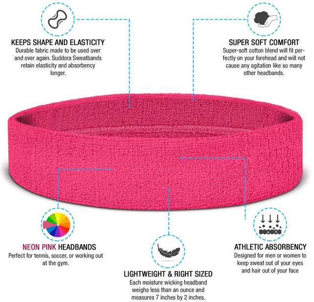 Alt view image 2 of 6 - Suddora Workout Headband for Men and Women, Moisture-Wicking Atheltic Sweatband, Lightweight Cotton Terry Cloth Bands for Basketball, Tennis, Football, Gym, Running, Cosplay & Costumes, Neon Pink