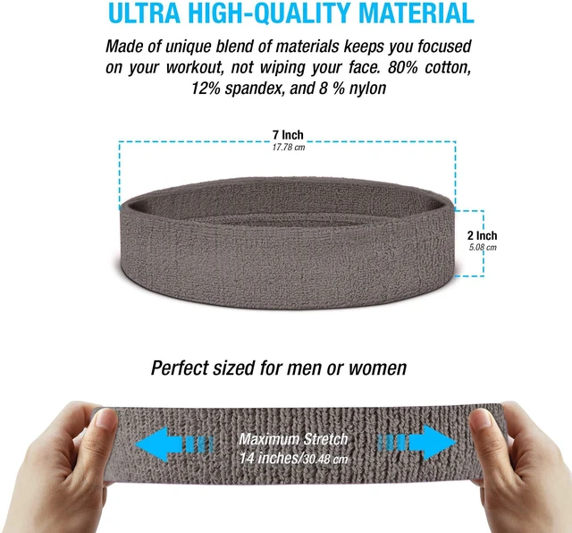 Alt view image 3 of 6 - Suddora Workout Headband for Men and Women, Moisture-Wicking Athletic Sweatband, Lightweight Cotton Terry Cloth Bands for Basketball, Tennis, Football, Gym, Running, Cosplay & Costumes (Grey)