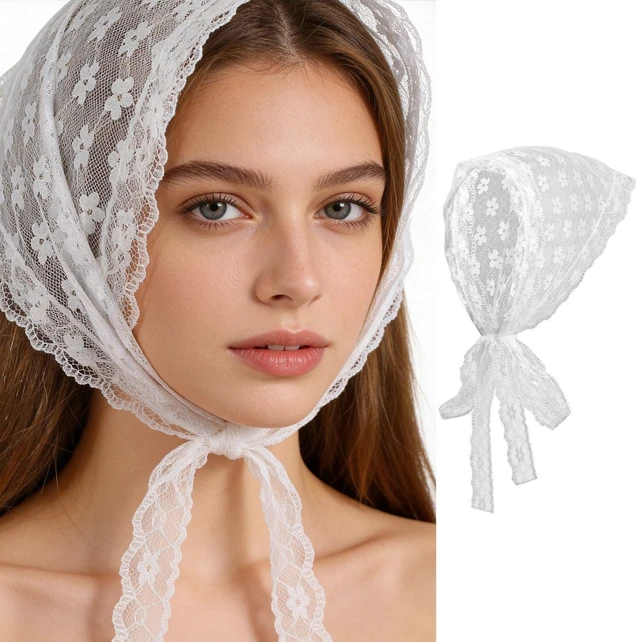 Main image of APLZGMG White Head Scarf for Women, Elegant Floral Lace Scarf Headband | Boho Triangle Hair Bandana, Adjustable Mesh Heads Coverings for Women, Bandana Heads Scarfs with Small Flower Print