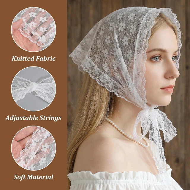 Alt view image 2 of 7 - APLZGMG White Head Scarf for Women, Elegant Floral Lace Scarf Headband | Boho Triangle Hair Bandana, Adjustable Mesh Heads Coverings for Women, Bandana Heads Scarfs with Small Flower Print
