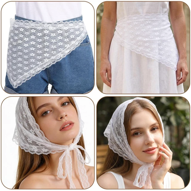 Alt view image 4 of 7 - APLZGMG White Head Scarf for Women, Elegant Floral Lace Scarf Headband | Boho Triangle Hair Bandana, Adjustable Mesh Heads Coverings for Women, Bandana Heads Scarfs with Small Flower Print