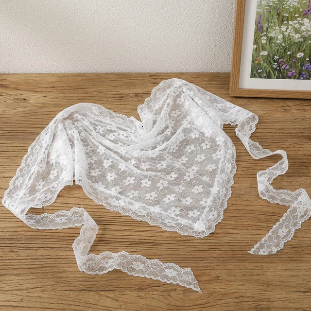 Alt view image 6 of 7 - APLZGMG White Head Scarf for Women, Elegant Floral Lace Scarf Headband | Boho Triangle Hair Bandana, Adjustable Mesh Heads Coverings for Women, Bandana Heads Scarfs with Small Flower Print