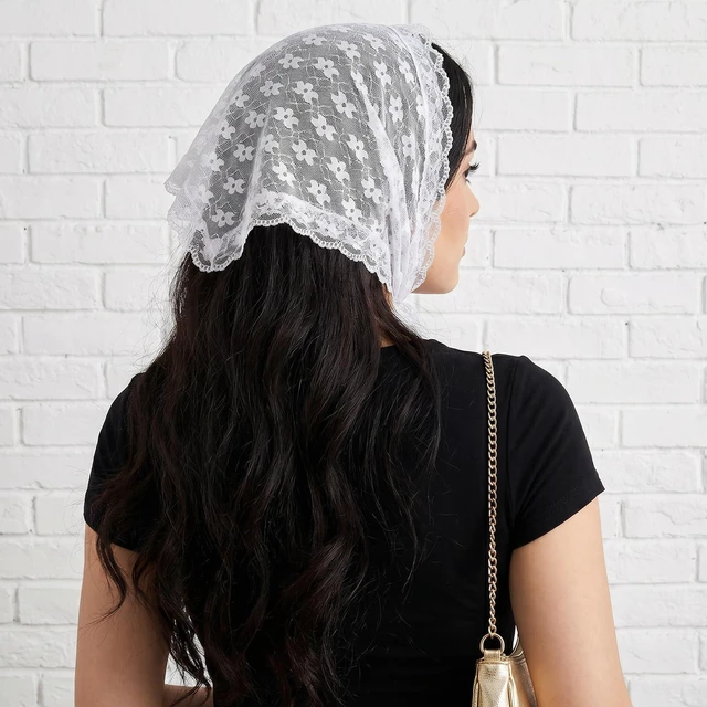 Alt view image 7 of 7 - APLZGMG White Head Scarf for Women, Elegant Floral Lace Scarf Headband | Boho Triangle Hair Bandana, Adjustable Mesh Heads Coverings for Women, Bandana Heads Scarfs with Small Flower Print