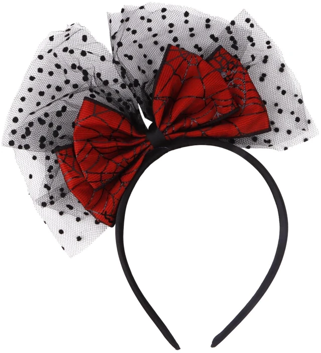 Main image of CURASA Halloween Red Bow Headband Lace Mesh Dot Hairband Cute Bowknot Hair Accessories Black Hair Hoop Bands Spider Web Patterns Headpiece Costume For Women Grils Party Cosplay Decorations Gifts
