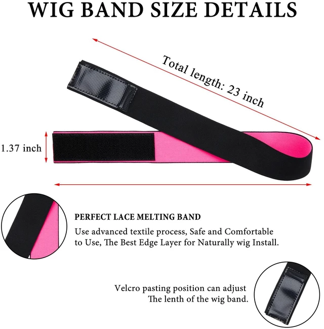 Alt view image 2 of 4 - 3Pcs Elastic Bands for Wigs: Lace Melting Front Wig Grip, Baby Hair Control, and Edge Laying Headband, Pink + Black, Wig Accessories