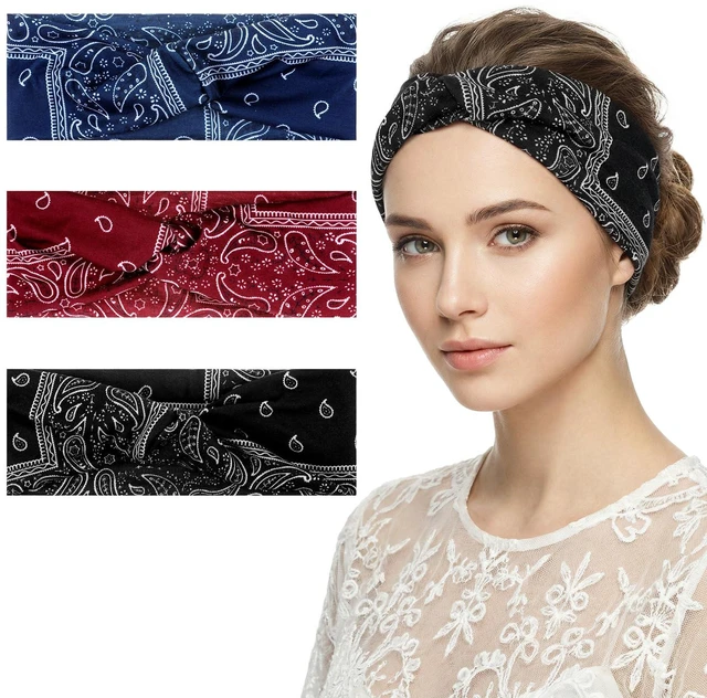 Main image of 3 PCS Bandana Headbands for Women Boho Style Paisley Print, Multi Purpose Bandana Scarfs Headbands Wide Headwrapswith Bows Vintage Stretch Knotted Headband Soft Fabric Headband for Workout, Running