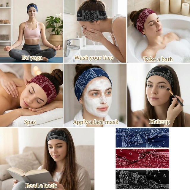 Alt view image 4 of 7 - 3 PCS Bandana Headbands for Women Boho Style Paisley Print, Multi Purpose Bandana Scarfs Headbands Wide Headwrapswith Bows Vintage Stretch Knotted Headband Soft Fabric Headband for Workout, Running