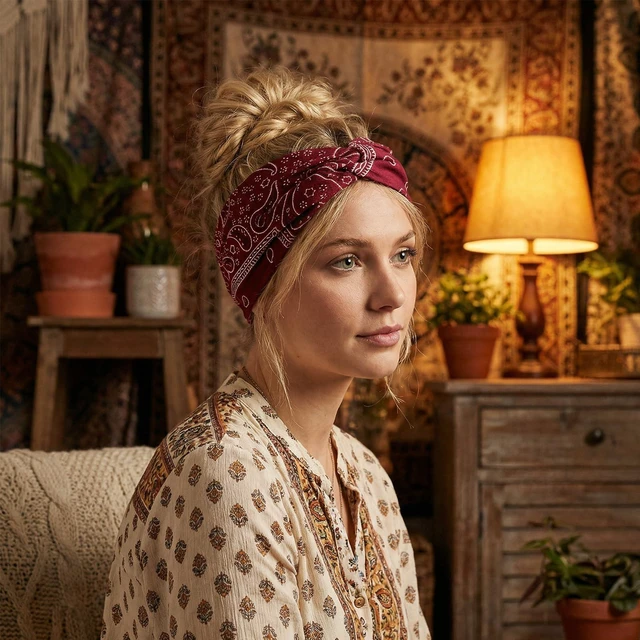 Alt view image 6 of 7 - 3 PCS Bandana Headbands for Women Boho Style Paisley Print, Multi Purpose Bandana Scarfs Headbands Wide Headwrapswith Bows Vintage Stretch Knotted Headband Soft Fabric Headband for Workout, Running