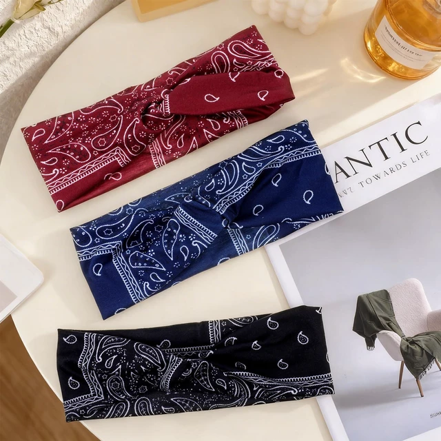 Alt view image 7 of 7 - 3 PCS Bandana Headbands for Women Boho Style Paisley Print, Multi Purpose Bandana Scarfs Headbands Wide Headwrapswith Bows Vintage Stretch Knotted Headband Soft Fabric Headband for Workout, Running