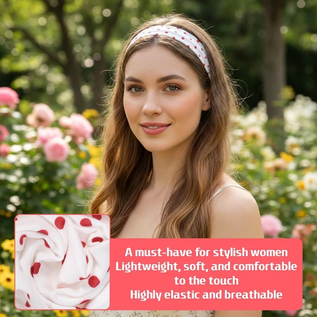 Alt view image 3 of 6 - 5 Pcs Classic PolkaDot Fabric Headband, Polka Dot Headbands for Women Soft Non Slip Elastic Wide Fashion Headbands Comfortable Daily Wear Yoga Workout Hair Accessories