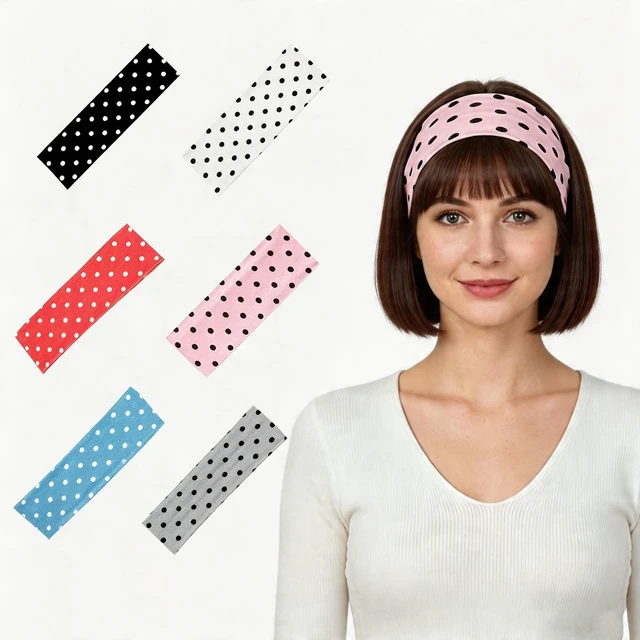 Main image of Cluksik 6 Pack Polka Dot Headband Set, Multi Color Non-Slip Elastic Stretchy Wide Hair Band Accessories for Women, Retro Vintage Style Turban Soft Cotton Head Wraps for Yoga, Workout, Daily Wear