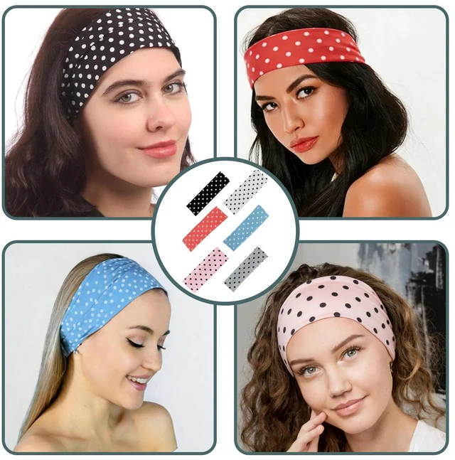 Alt view image 5 of 7 - Cluksik 6 Pack Polka Dot Headband Set, Multi Color Non-Slip Elastic Stretchy Wide Hair Band Accessories for Women, Retro Vintage Style Turban Soft Cotton Head Wraps for Yoga, Workout, Daily Wear