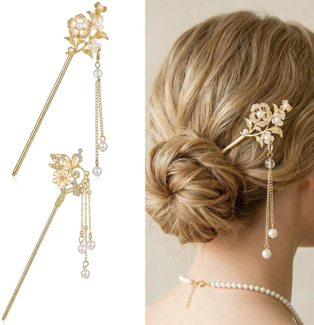 Main image of Sorcristy 2 Pcs Lily of the Valley Chinese Hair Sticks for Buns Gold Metal | Vintage Long Sticks Pins Dangle Tassel Pendant Chopsticks Pearl Hairpin Hanfu Hair Accessories Handmade Decor for Women Gir