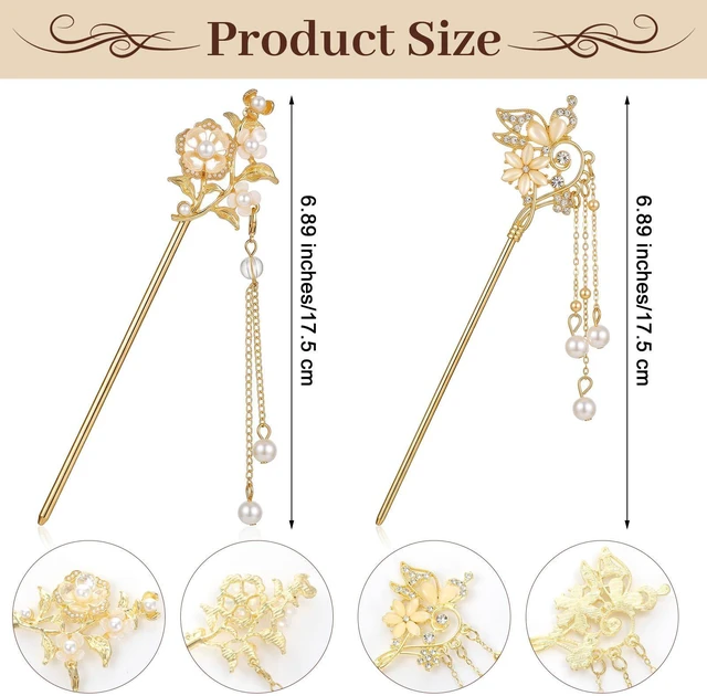 Alt view image 2 of 7 - Sorcristy 2 Pcs Lily of the Valley Chinese Hair Sticks for Buns Gold Metal | Vintage Long Sticks Pins Dangle Tassel Pendant Chopsticks Pearl Hairpin Hanfu Hair Accessories Handmade Decor for Women Gir