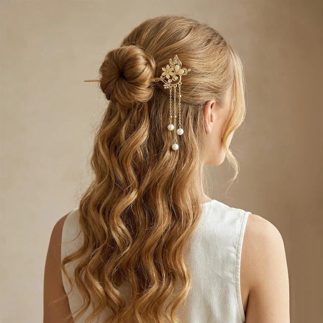 Alt view image 4 of 7 - Sorcristy 2 Pcs Lily of the Valley Chinese Hair Sticks for Buns Gold Metal | Vintage Long Sticks Pins Dangle Tassel Pendant Chopsticks Pearl Hairpin Hanfu Hair Accessories Handmade Decor for Women Gir