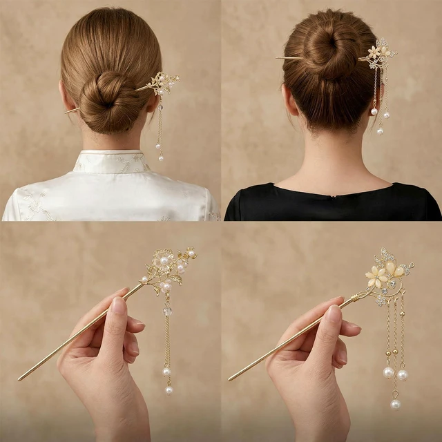 Alt view image 5 of 7 - Sorcristy 2 Pcs Lily of the Valley Chinese Hair Sticks for Buns Gold Metal | Vintage Long Sticks Pins Dangle Tassel Pendant Chopsticks Pearl Hairpin Hanfu Hair Accessories Handmade Decor for Women Gir