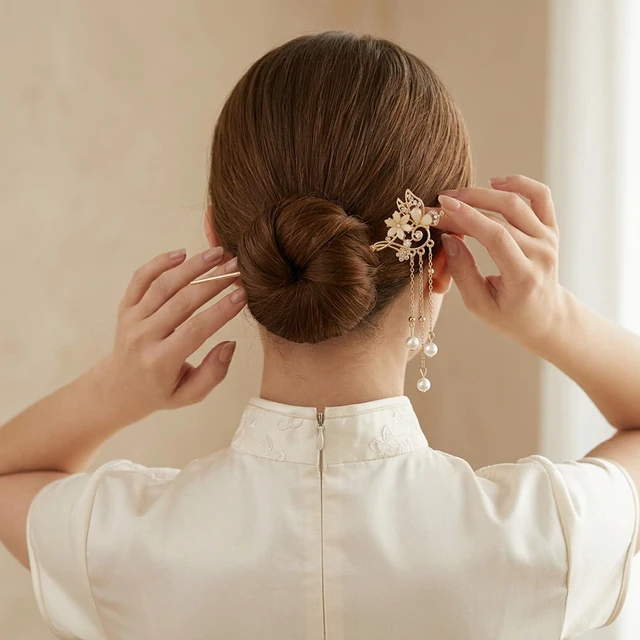 Alt view image 6 of 7 - Sorcristy 2 Pcs Lily of the Valley Chinese Hair Sticks for Buns Gold Metal | Vintage Long Sticks Pins Dangle Tassel Pendant Chopsticks Pearl Hairpin Hanfu Hair Accessories Handmade Decor for Women Gir
