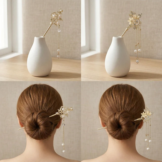 Alt view image 7 of 7 - Sorcristy 2 Pcs Lily of the Valley Chinese Hair Sticks for Buns Gold Metal | Vintage Long Sticks Pins Dangle Tassel Pendant Chopsticks Pearl Hairpin Hanfu Hair Accessories Handmade Decor for Women Gir