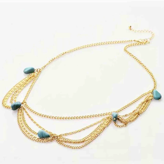 Alt view image 3 of 7 - Yheakne Boho Turquoise Headband Gold Layered Tassel Head Chain Gypsy Hair Chain Festival Wedding Headpieces Decorative Headdress Hair Accessories for Women and Teen Girls Gifts