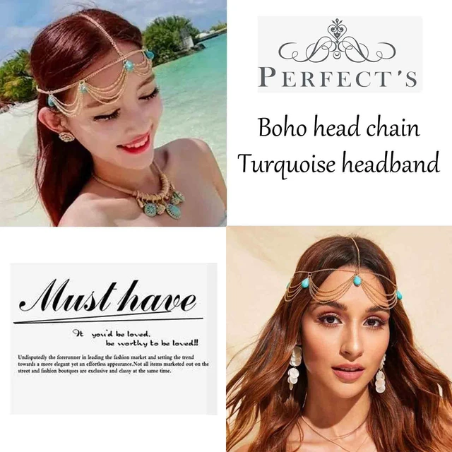 Alt view image 5 of 7 - Yheakne Boho Turquoise Headband Gold Layered Tassel Head Chain Gypsy Hair Chain Festival Wedding Headpieces Decorative Headdress Hair Accessories for Women and Teen Girls Gifts