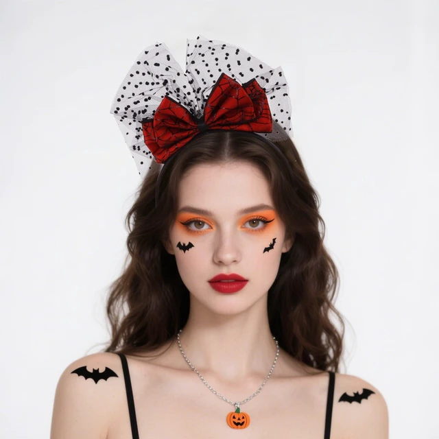 Alt view image 2 of 7 - CURASA Halloween Red Bow Headband Lace Mesh Dot Hairband Cute Bowknot Hair Accessories Black Hair Hoop Bands Spider Web Patterns Headpiece Costume For Women Grils Party Cosplay Decorations Gifts