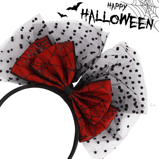 Alt view image 3 of 7 - CURASA Halloween Red Bow Headband Lace Mesh Dot Hairband Cute Bowknot Hair Accessories Black Hair Hoop Bands Spider Web Patterns Headpiece Costume For Women Grils Party Cosplay Decorations Gifts