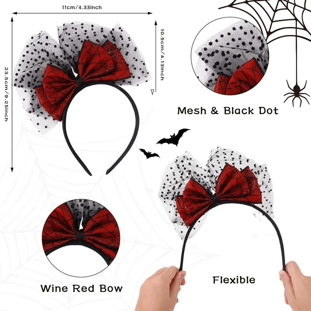 Alt view image 4 of 7 - CURASA Halloween Red Bow Headband Lace Mesh Dot Hairband Cute Bowknot Hair Accessories Black Hair Hoop Bands Spider Web Patterns Headpiece Costume For Women Grils Party Cosplay Decorations Gifts
