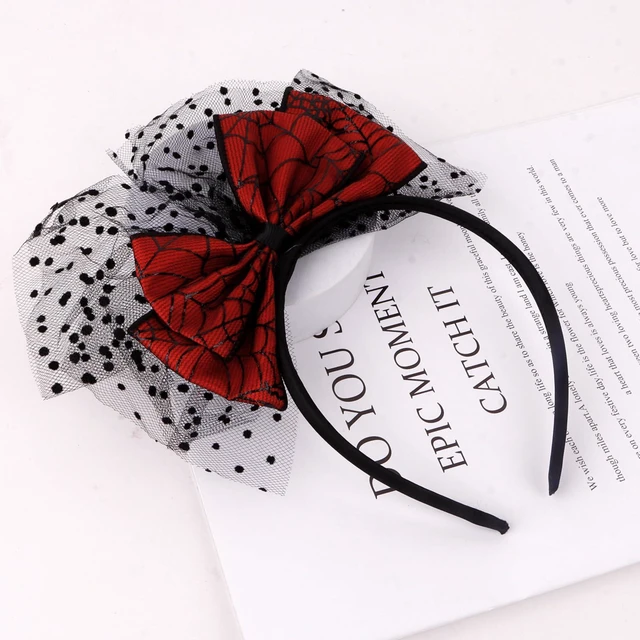 Alt view image 7 of 7 - CURASA Halloween Red Bow Headband Lace Mesh Dot Hairband Cute Bowknot Hair Accessories Black Hair Hoop Bands Spider Web Patterns Headpiece Costume For Women Grils Party Cosplay Decorations Gifts
