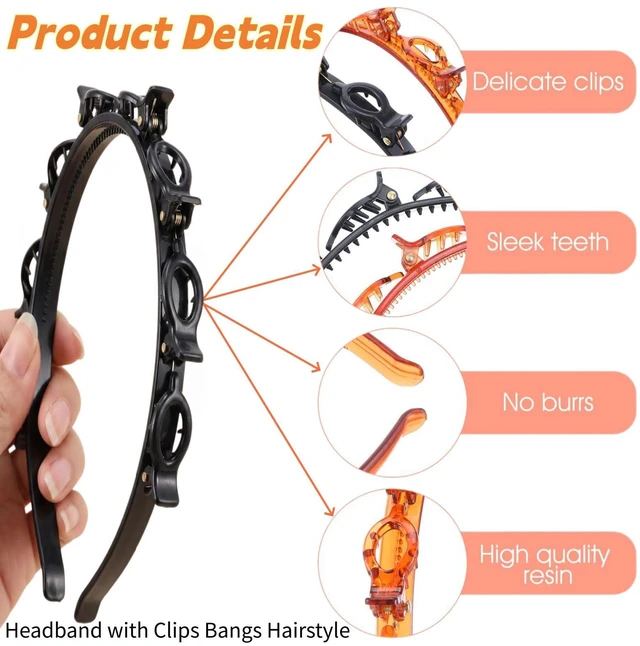 Alt view image 4 of 7 - Jtvznmi 4 Pcs Headband with Clips Bangs Hairstyle Hairpin Headband Professional Weave Bangs Hairstyle Hairpin Clip Headbands Fashion Bang Clip Toothed for Women (2PCS (Black))