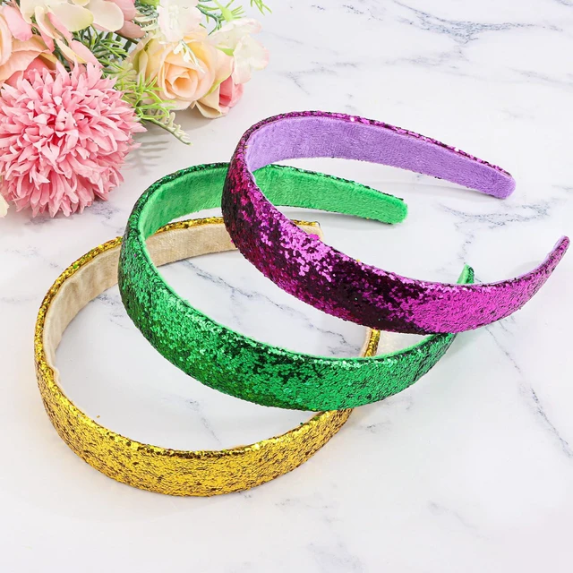 Alt view image 7 of 7 - Uintoon Headbands for Girls, 3 Pack Mardi Gras Glitter Girls Headbands | Sparkly Purple Gold Green Hair Bands for Girls Toddler Non Slip Bling Sequin Head Bands Mardi Gras Hair Accessories