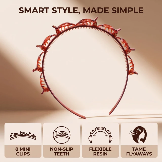 Alt view image 3 of 7 - Jinshining 4Pcs Double Bangs Hairband with 8 Small Clips Women's Double Layer Twist Braid Tools for Curly, Thick Hair Toothed Headbands, Hair Braiding Accessories (Black and Reddish Brown)