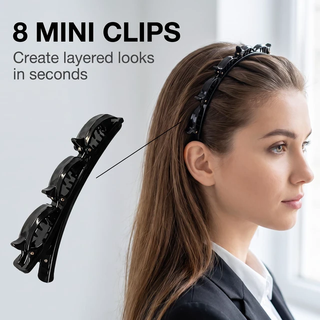 Alt view image 4 of 7 - Jinshining 4Pcs Double Bangs Hairband with 8 Small Clips Women's Double Layer Twist Braid Tools for Curly, Thick Hair Toothed Headbands, Hair Braiding Accessories (Black and Reddish Brown)