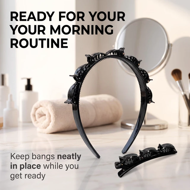 Alt view image 6 of 7 - Jinshining 4Pcs Double Bangs Hairband with 8 Small Clips Women's Double Layer Twist Braid Tools for Curly, Thick Hair Toothed Headbands, Hair Braiding Accessories (Black and Reddish Brown)