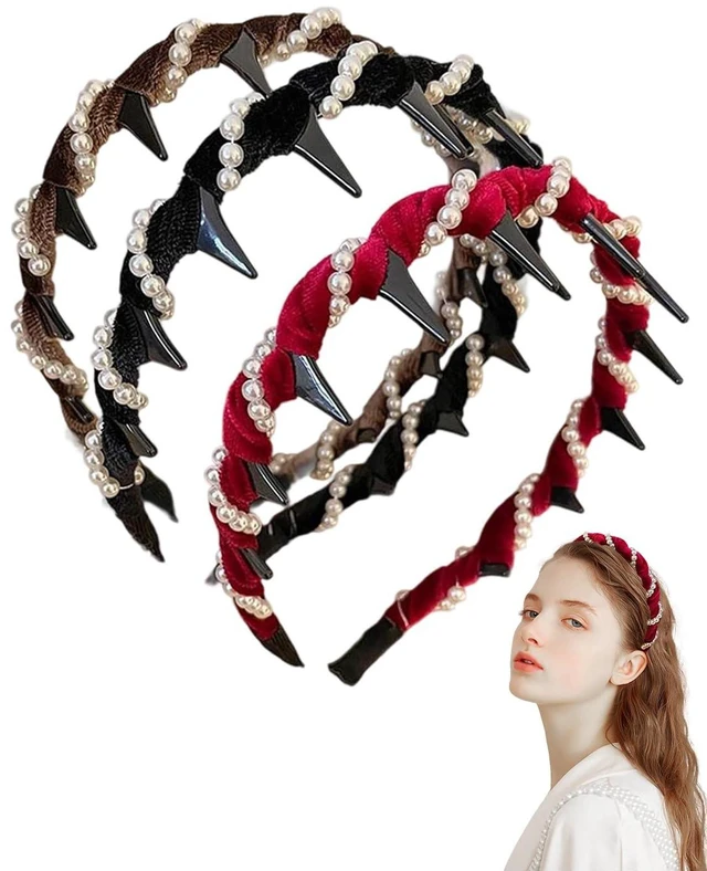 Main image of Wusinsz 3 Pack Vintage Pearl Headbands for Women, High Cranium Non-Slip Headband with Teeth & Beads, Double-Sided Wedding Party Hair Accessories