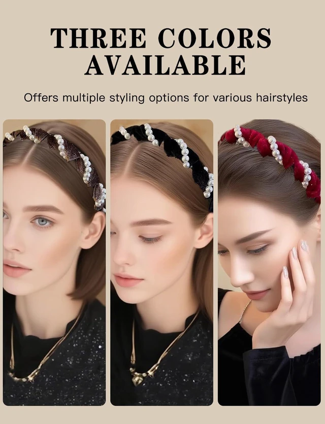 Alt view image 2 of 6 - Wusinsz 3 Pack Vintage Pearl Headbands for Women, High Cranium Non-Slip Headband with Teeth & Beads, Double-Sided Wedding Party Hair Accessories