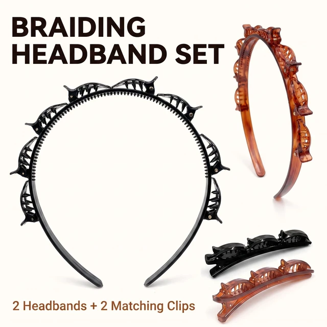 Alt view image 7 of 7 - Jinshining 4Pcs Double Bangs Hairband with 8 Small Clips Women's Double Layer Twist Braid Tools for Curly, Thick Hair Toothed Headbands, Hair Braiding Accessories (Black and Reddish Brown)