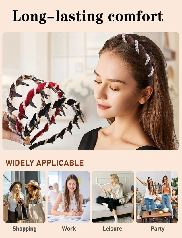 Alt view image 5 of 6 - Wusinsz 3 Pack Vintage Pearl Headbands for Women, High Cranium Non-Slip Headband with Teeth & Beads, Double-Sided Wedding Party Hair Accessories