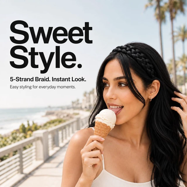 Alt view image 7 of 7 - Coolcos Black Braided Headband for Women - 5-Strand Chunky Synthetic Hair Braid, Summer Beach Vacation Travel Hair Accessory, Adjustable Plaited Hairband for Wigs, Ponytails, Buns & Updos