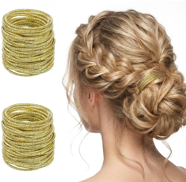 Main image of 50 Pieces Gold Hair Ties, Gold Rubber Bands for Hair No-metal Elastic Ties Ponytail Accessories 0.08 inch (2 mm) Thick, 1.65 Inch (4.2 cm) diameter Thick for Fine to Medium Hairs