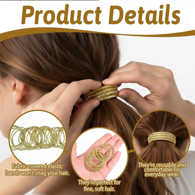 Alt view image 2 of 7 - 50 Pieces Gold Hair Ties, Gold Rubber Bands for Hair No-metal Elastic Ties Ponytail Accessories 0.08 inch (2 mm) Thick, 1.65 Inch (4.2 cm) diameter Thick for Fine to Medium Hairs