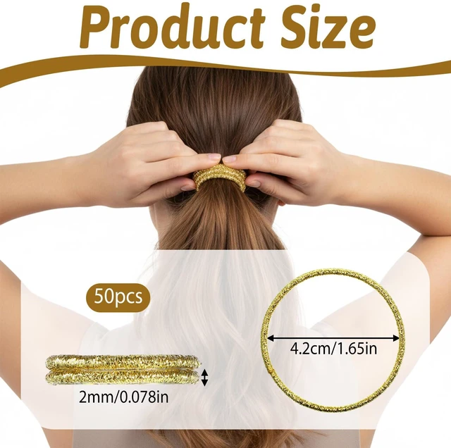 Alt view image 3 of 7 - 50 Pieces Gold Hair Ties, Gold Rubber Bands for Hair No-metal Elastic Ties Ponytail Accessories 0.08 inch (2 mm) Thick, 1.65 Inch (4.2 cm) diameter Thick for Fine to Medium Hairs