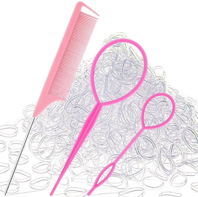 Main image of 1000Pcs Hair Rubber Bands, Soft Small Hair Elastics for Girls and Women, 2pcs Topsy Tail Tools, 1 Rat Tail Comb, Pink Schembo