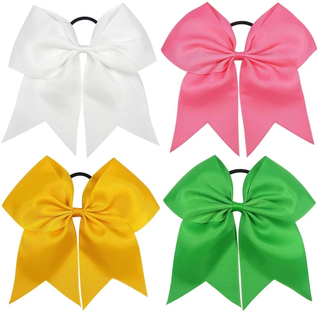 Main image of TUUXI 4pcs Large Cheering Bows 8 Inch for Hair Cheerleading Bows Ponytail Holder Ribbon Elastics Hair Ties Bands for Cheerleader Softball Football Competition College Sport White Pink Yellow Green
