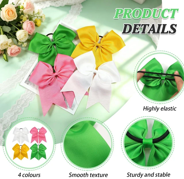 Alt view image 3 of 7 - TUUXI 4pcs Large Cheering Bows 8 Inch for Hair Cheerleading Bows Ponytail Holder Ribbon Elastics Hair Ties Bands for Cheerleader Softball Football Competition College Sport White Pink Yellow Green