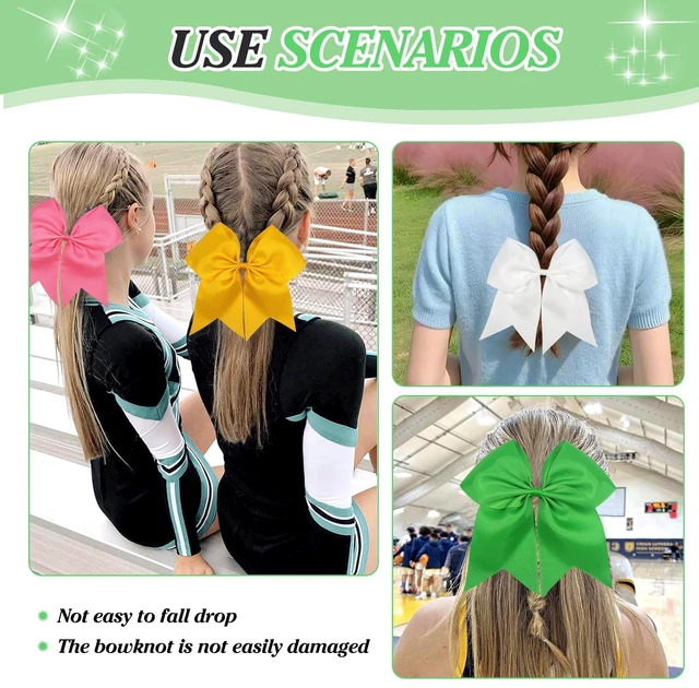 Alt view image 4 of 7 - TUUXI 4pcs Large Cheering Bows 8 Inch for Hair Cheerleading Bows Ponytail Holder Ribbon Elastics Hair Ties Bands for Cheerleader Softball Football Competition College Sport White Pink Yellow Green
