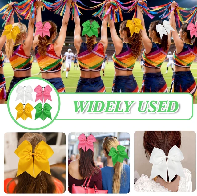 Alt view image 7 of 7 - TUUXI 4pcs Large Cheering Bows 8 Inch for Hair Cheerleading Bows Ponytail Holder Ribbon Elastics Hair Ties Bands for Cheerleader Softball Football Competition College Sport White Pink Yellow Green